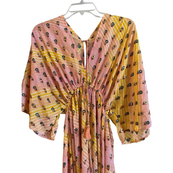 Zury Women’s Silk Blend Midi Dress Smocked Short Sleeve One Size Floral Yellow - Picture 3 of 6